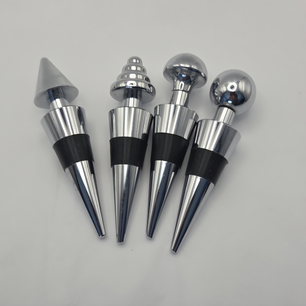 Chrome Bottle Stopper Set - 4pcs Reusable for Wine, Whiskey, Scotch Barware